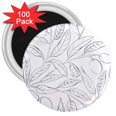 Organic Olive Leaves Pattern Hand Drawn Black And White 3  Magnets (100 Pack) by genx