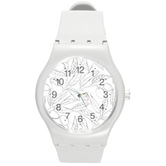 Organic Olive Leaves Pattern Hand drawn Black and white Round Plastic Sport Watch (M)