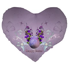 Happy Easter, Easter Egg With Flowers In Soft Violet Colors Large 19  Premium Flano Heart Shape Cushions by FantasyWorld7