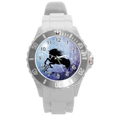 Wonderful Black Horse Silhouette On Vintage Background Round Plastic Sport Watch (l) by FantasyWorld7