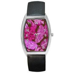 Tropical Pink Leaves Barrel Style Metal Watch