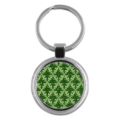 White Flowers Green Damask Key Chains (round)  by Pakrebo