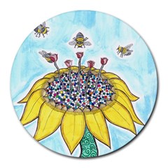 Bees At Work In Blue  Round Mousepads by okhismakingart