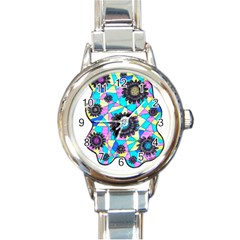 Neon Geometric Flowers  Round Italian Charm Watch by okhismakingart