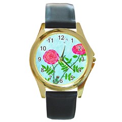 Roses And Seagulls Round Gold Metal Watch