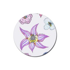 Flower And Insects Rubber Coaster (round)  by okhismakingart