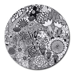 Floral Jungle Black And White Round Mousepads by okhismakingart
