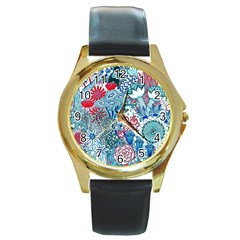 Floral Jungle Blue Round Gold Metal Watch by okhismakingart