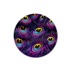 Peacock Feathers Purple Rubber Coaster (round)  by snowwhitegirl