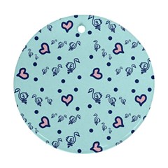 Duck Family Blue Pink Hearts Pattern Round Ornament (two Sides)