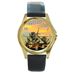 Fence Line Trees Round Gold Metal Watch by okhismakingart