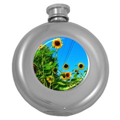 Bright Sunflowers Round Hip Flask (5 Oz) by okhismakingart