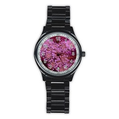 Pink Queen Anne s Lace Landscape Stainless Steel Round Watch by okhismakingart