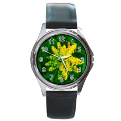 Yellow Sumac Bloom Round Metal Watch by okhismakingart