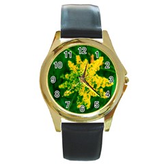 Yellow Sumac Bloom Round Gold Metal Watch by okhismakingart