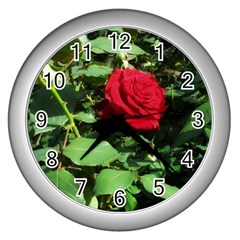 Deep Red Rose Wall Clock (silver) by okhismakingart