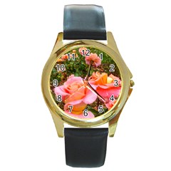 Pink Rose Field Round Gold Metal Watch