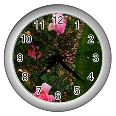 Pink Rose Field (sideways) Wall Clock (silver) by okhismakingart