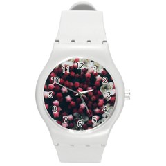 Floral Stars -dark Red Round Plastic Sport Watch (m)