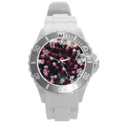 Floral Stars -dark Red Round Plastic Sport Watch (l)