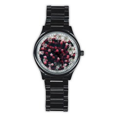 Floral Stars -dark Red Stainless Steel Round Watch
