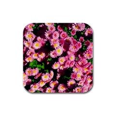Pink Flower Bushes Rubber Square Coaster (4 Pack)  by okhismakingart