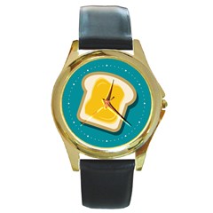 Toast With Cheese Pattern Turquoise Green Background Retro Funny Food Round Gold Metal Watch by genx