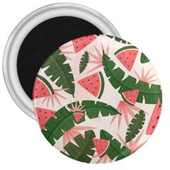 Tropical Watermelon Leaves Pink And Green Jungle Leaves Retro Hawaiian Style 3  Magnets