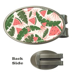 Tropical Watermelon Leaves Pink And Green Jungle Leaves Retro Hawaiian Style Money Clips (oval)  by genx
