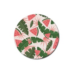 Tropical Watermelon Leaves Pink And Green Jungle Leaves Retro Hawaiian Style Rubber Coaster (round)  by genx