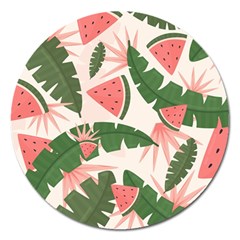 Tropical Watermelon Leaves Pink And Green Jungle Leaves Retro Hawaiian Style Magnet 5  (round) by genx