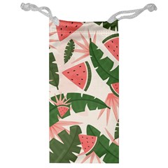 Tropical Watermelon Leaves Pink And Green Jungle Leaves Retro Hawaiian Style Jewelry Bag by genx