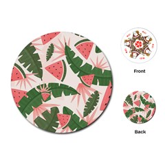 Tropical Watermelon Leaves Pink And Green Jungle Leaves Retro Hawaiian Style Playing Cards (round) by genx