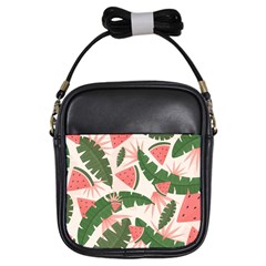 Tropical Watermelon Leaves Pink And Green Jungle Leaves Retro Hawaiian Style Girls Sling Bag by genx