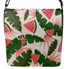 Tropical Watermelon Leaves Pink And Green Jungle Leaves Retro Hawaiian Style Flap Closure Messenger Bag (s) by genx