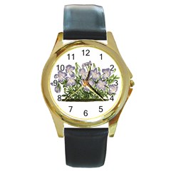 Violets - Vintage Round Gold Metal Watch by WensdaiAmbrose