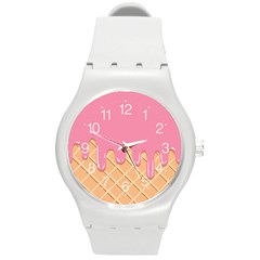 Ice Cream Pink Melting Background With Beige Cone Round Plastic Sport Watch (m) by genx