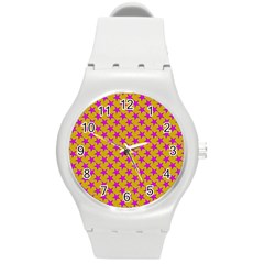 Pink Stars Pattern On Yellow Round Plastic Sport Watch (m) by BrightVibesDesign