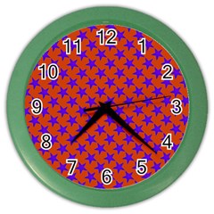 Purple Stars Pattern On Orange Color Wall Clock by BrightVibesDesign