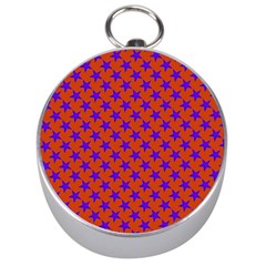 Purple Stars Pattern On Orange Silver Compasses by BrightVibesDesign