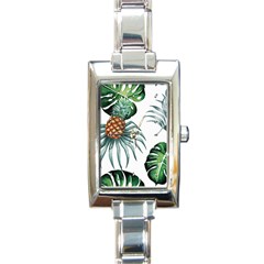 Pineapple Tropical Jungle Giant Green Leaf Watercolor Pattern Rectangle Italian Charm Watch by genx