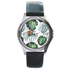 Pineapple Tropical Jungle Giant Green Leaf Watercolor Pattern Round Metal Watch by genx