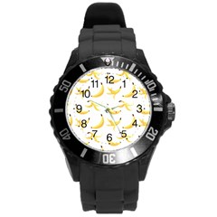 Yellow Banana And Peels Pattern With Polygon Retro Style Round Plastic Sport Watch (l) by genx