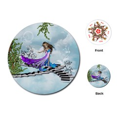 Cute Fairy Dancing On A Piano Playing Cards (round) by FantasyWorld7