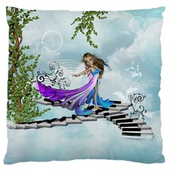 Cute Fairy Dancing On A Piano Large Flano Cushion Case (one Side) by FantasyWorld7