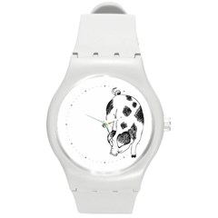 Pig Sniffing Hand Drawn With Funny Cow Spots Black And White Round Plastic Sport Watch (m) by genx