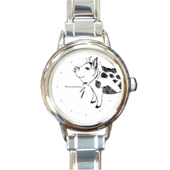 Pig Smiling Head Up Hand Drawn With Funny Cow Spots Black And White Round Italian Charm Watch by genx