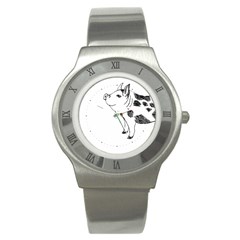 Pig Smiling Head Up Hand Drawn With Funny Cow Spots Black And White Stainless Steel Watch by genx