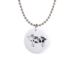 Pig Smiling Head Up Hand Drawn With Funny Cow Spots Black And White 1  Button Necklace by genx