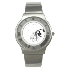 Pig Floppy Ears Hand Drawn With Funny Cow Spots Black And White Stainless Steel Watch by genx